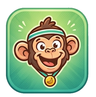 Cheerful cartoon chimp wearing a sweatband and a gold medal